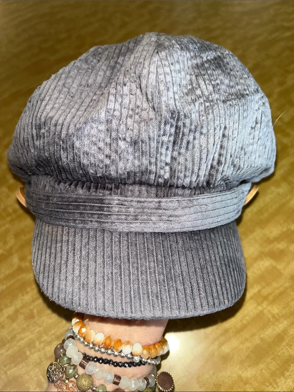 David and Young Gray Corduroy Newsboy Cap with Wooden Button